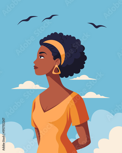 Serene black woman looking at the sky with birds. Hope, mental health, feminist concept.