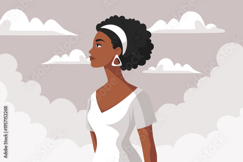 Woman looking up in a sky. Hope, mental health, Women's Day, March 8. Feminism concept.