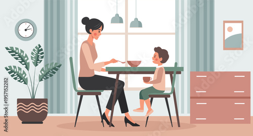 Mother and son sitting at the table and having breakfast in the kitchen. Illustration.
