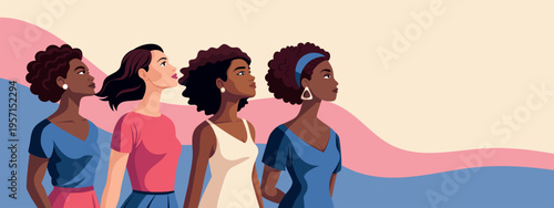 Horizontal banner with women of different nationalities looking up. Feminist, freedom concept.