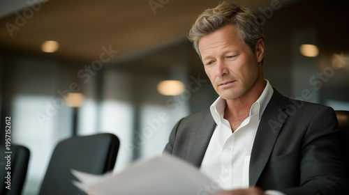 Experienced corporate attorney reviewing printed contracts and digital files in modern conference room focusing on legal analysis commercial law risk assessment contract management and strategic