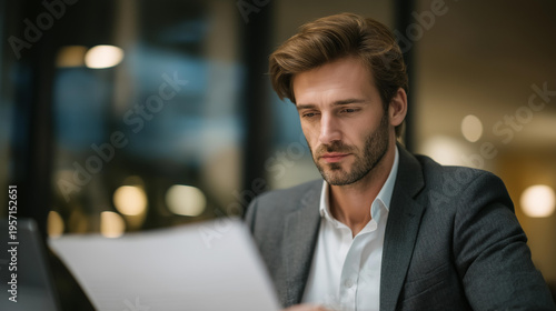 Experienced corporate attorney reviewing printed contracts and digital files in modern conference room focusing on legal analysis commercial law risk assessment contract management and strategic