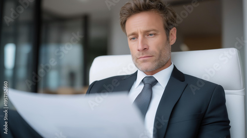 Experienced corporate attorney reviewing printed contracts and digital files in modern conference room focusing on legal analysis commercial law risk assessment contract management and strategic