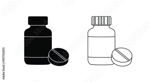 Black and white illustration of medicine bottles and pills