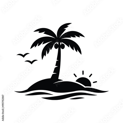 A minimalist black silhouette of a tropical island with a palm tree and a setting sun at twilight