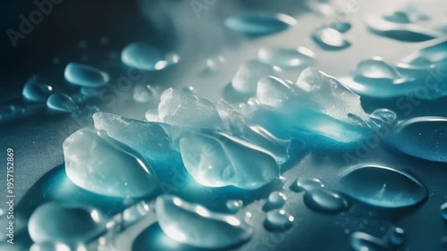 Cool aqua droplets and crystal shards on glossy surface