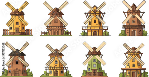 Cute Cartoon Windmill House Collection with Rustic Village Architecture Buildings and Traditional Farm Landscape Elements for Nature, Countryside, and Rural Design Projects
