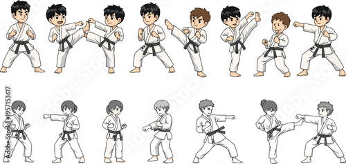 Karate Kids Training Action Pose Collection with Martial Arts Fighting Stances and Combat Practice Characters for Sports Education, Self Defense, and Fitness Design