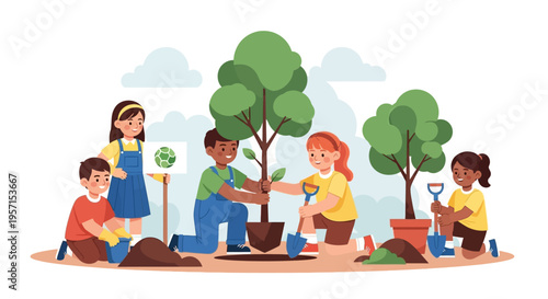 Diverse group of children planting trees together for environmental conservation.