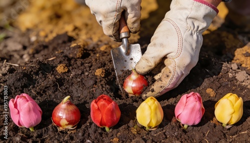 Gloved hands planting tulip bulbs in soil with colorful blossoms arranged in a bright top view