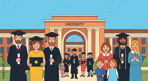 Diverse group of graduates and their families celebrating academic achievement.