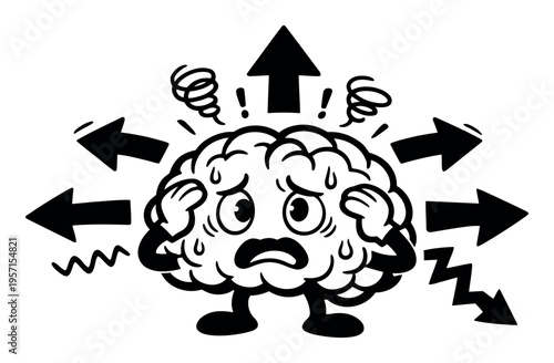 Brain character feeling stressed and anxious, surrounded by confusing arrows and swirling lines, representing pressure and burnout