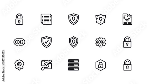 A collection of minimalist outline icons represents various aspects of security, including padlocks, protective shields, and secured documents, highlighting digital and physical safety.