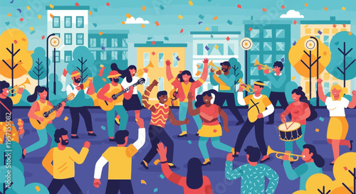 Diverse group of people celebrating and dancing at an outdoor music festival.