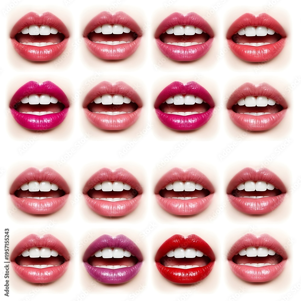 Obraz premium A collection of sixteen different shades of lipstick on smiling mouths with white healthy teeth