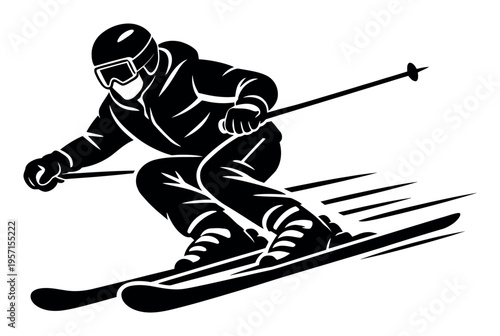 Dynamic black silhouette of a skier carving down a slope, capturing the speed and excitement of winter sports