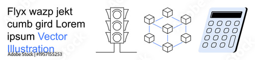 Technology, finance, connectivity, digital systems, automation, blockchain networks. Diagram a traffic light, block network and calculator. Technology and finance concept