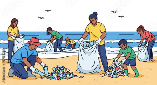 Diverse group of people cleaning up a beach, collecting trash and plastic waste.