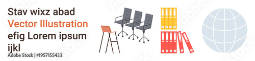 Workspace setup, office organization, business tools, documentation, global communication, design layouts. Office chairs, folders and a globe. Workspace and business tools concept