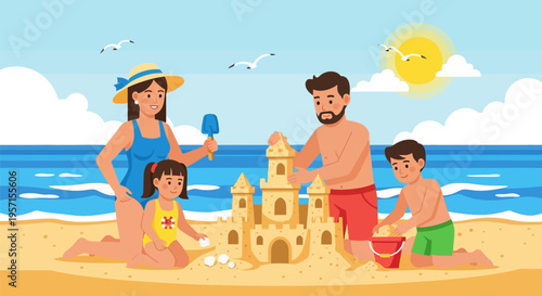 Happy family building sandcastle on a sunny beach vacation.