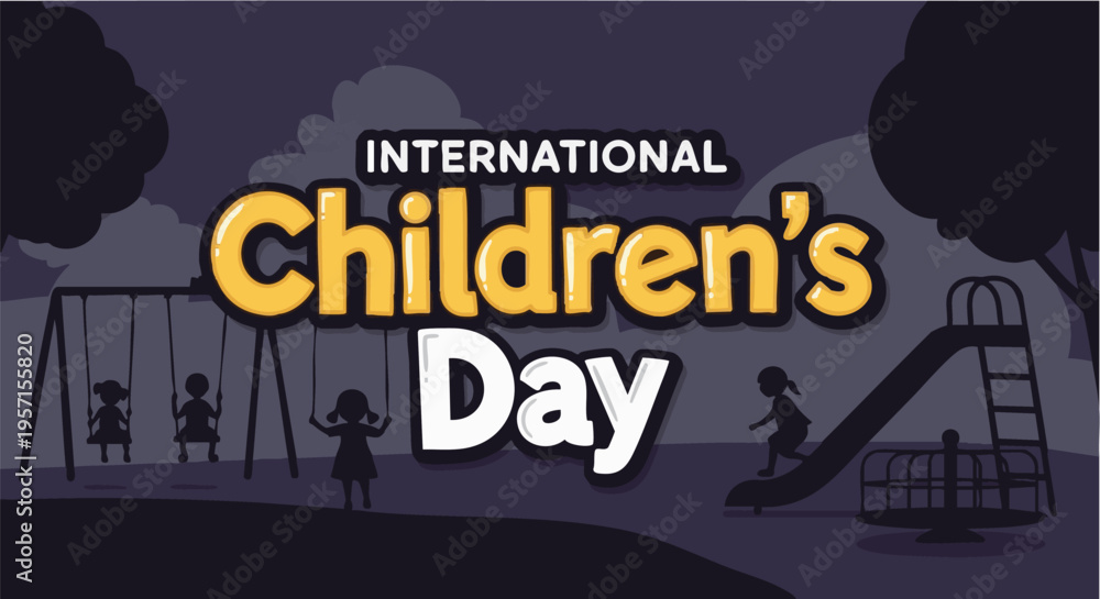 Obraz premium International Childrens Day celebration in dark silhouette with yellow and white text for greeting card