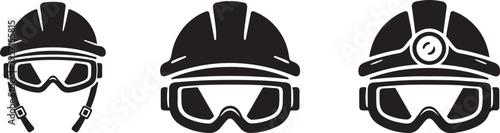 Three black and white helmet icons with different face protection styles