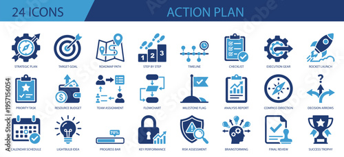 Action plan icon set. Flat illustration vector solid icons. Action plan icons for planning and management.