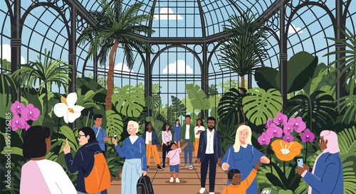 Diverse group of people exploring a vibrant botanical garden.