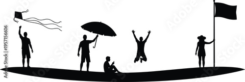 Beach Leisure Silhouettes Collection Featuring People Flying Kites Holding Umbrellas Jumping and Celebrating Summer Vacation Outdoors Activities