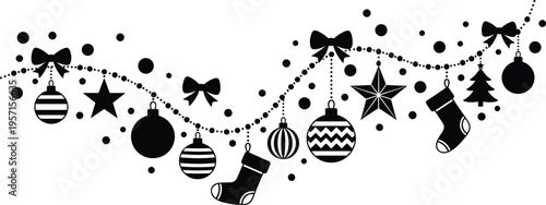 Christmas Garland Silhouette Featuring Hanging Ornaments Stars Stockings Bows and Decorative Baubles for Holiday Winter Celebration Design Projects