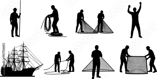 Fishermen silhouette collection with fishing nets, ropes and sailing ship, maritime workers preparing catch at harbor, traditional sea occupation vector illustration isolated on white.