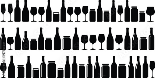 Collection of Glass Bottle and Wine Glass Silhouettes Featuring Various Shapes for Kitchen Bar Restaurant and Beverage Design