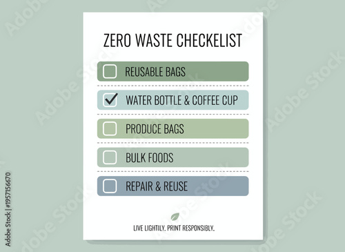 A checklist for zero waste living is displayed on a clean background with reusable items listed