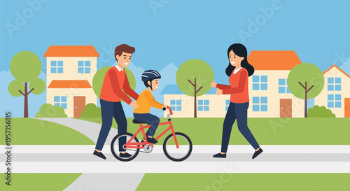 Parents teaching their child to ride a bicycle with care and support.