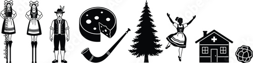 Swiss Culture Illustration Set Featuring Traditional Clothing Alphorn Alpine Horn Cheese Pine Tree Chalet House and Folklore Elements