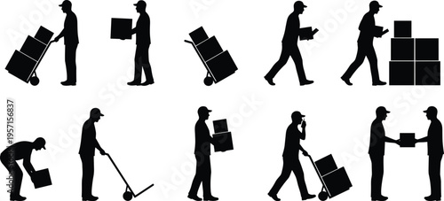 Professional Delivery Man Silhouettes Collection Featuring Couriers With Packages Hand Trucks Boxes and Logistics Workers for Shipping Service