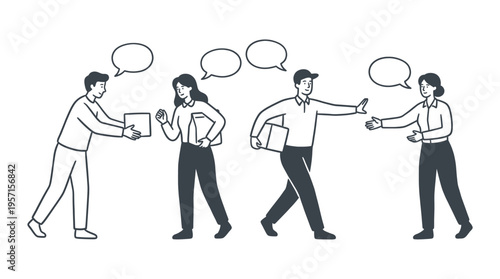 Delivery personnel and customers interacting during package handover with speech bubbles showing dialogue about shipping and receiving various courier parcels.