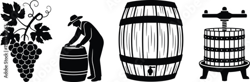 Winemaking Illustration Set Featuring Grapes Bunch Vineyard Worker With Barrel Oak Cask and Traditional Manual Wine Press