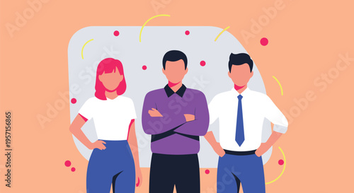 Three faceless business professionals standing together in front of a gray rounded rectangle with colorful floating geometric shapes on orange background.
