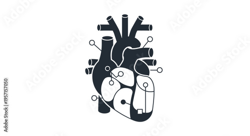 Detailed black and white anatomical heart icon with connection points and circuit lines representing cardiovascular technology and medical engineering systems.