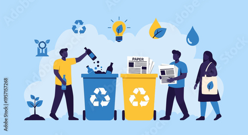 People actively engaged in waste sorting and recycling for environmental sustainability.