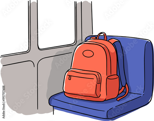 Hand drawn style of an orange backpack placed on a blue seat in a public transport setting with window background on a transparent background