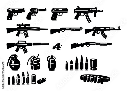 Weapon collection featuring handguns, rifles, shotguns, grenades, and various bullets, symbolizing conflict, military, and war