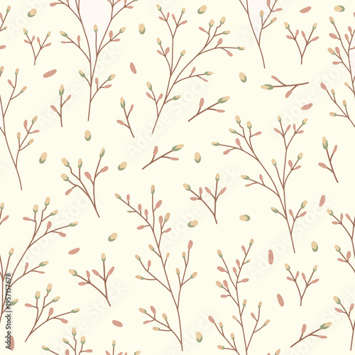 Branches pattern. Pussy willow, verba pattern. Spring vector pattern with budding branches. Soft tones on a beige background. For Easter, postcards, packaging, kitchen, wallpaper, prints, textiles