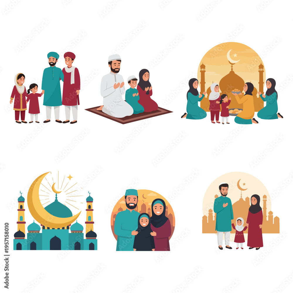 Fototapeta premium Islamic Family and Mosque Scenes vectors 2916