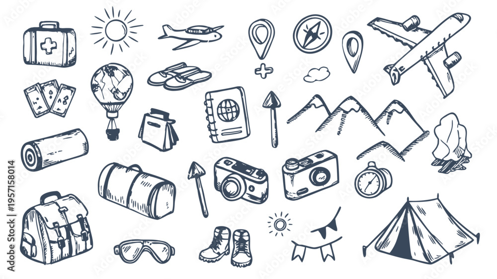 Fototapeta premium Hand drawn doodle Travel & Adventure elements. Vintage clipart