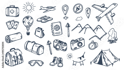 Hand drawn doodle Travel & Adventure elements. Vintage clipart