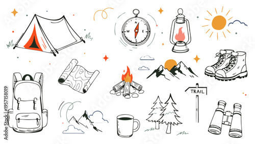 Hand drawn doodle vintage camping and hiking themed vector illustration set