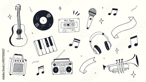 Hand drawn doodle vintage music themed vector illustration set