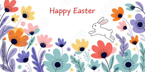 Modern abstract flowers and leaves background with Happy Easter greetings and bunny. Springtime frame background.